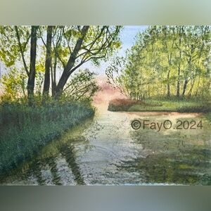 Original Signed Serene Riverscape Watercolor Painting